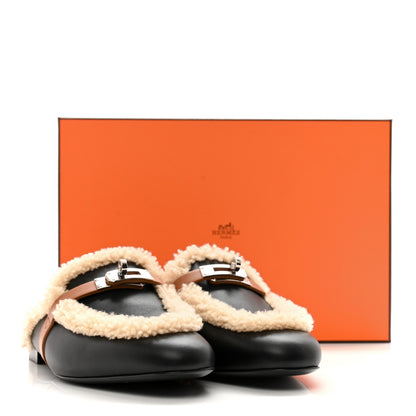 Hermes Shearling Calfskin Womens Oz Mules 38.5 Naturel Black 11 of 11