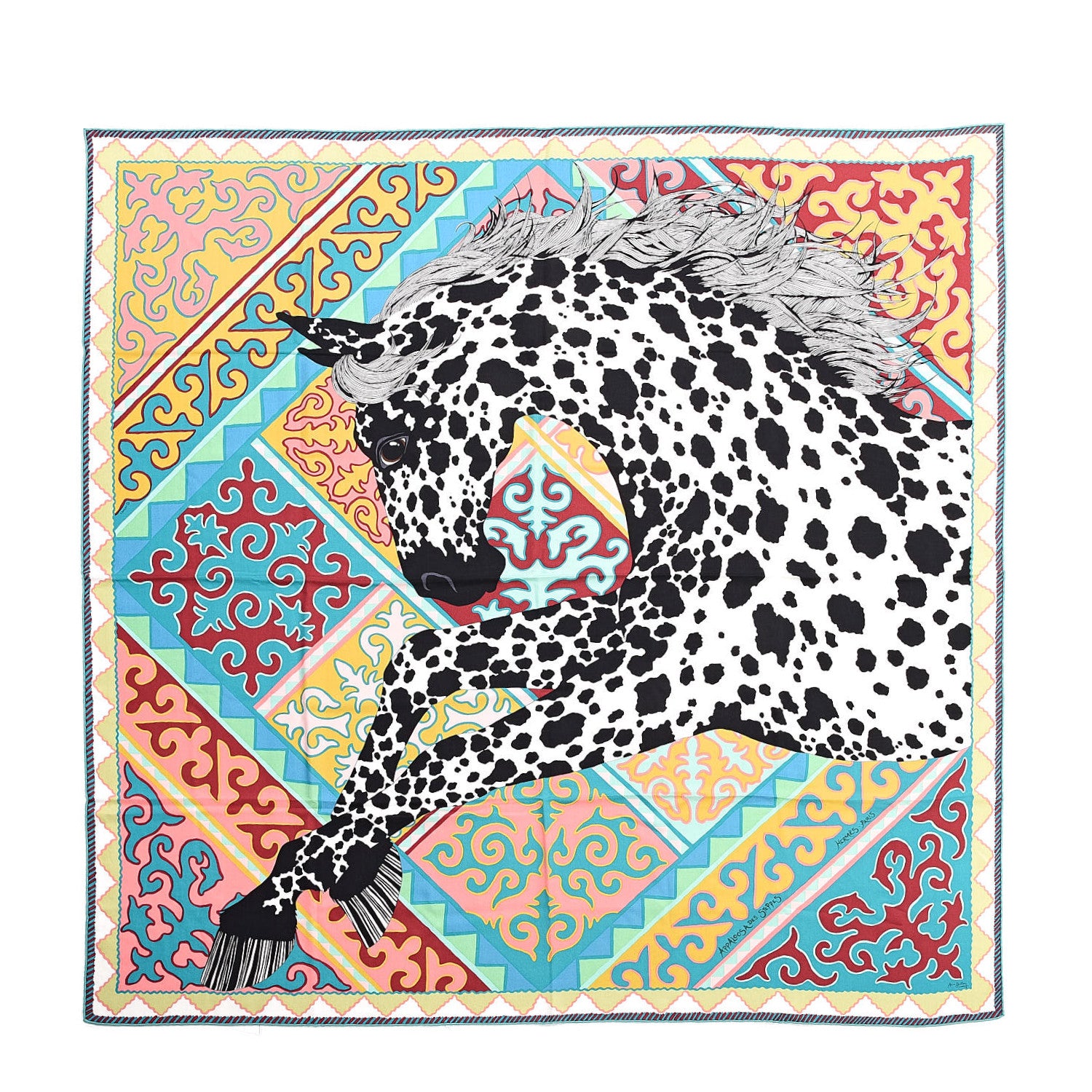 Hermes Cashmere Silk Appaloosa Des Steppes Shawl 140 Creme Black Vert 1 of 7