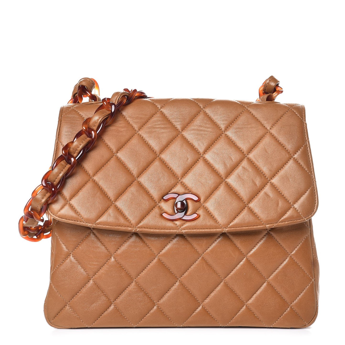 Lambskin Tortoise Chain Square Flap Camel