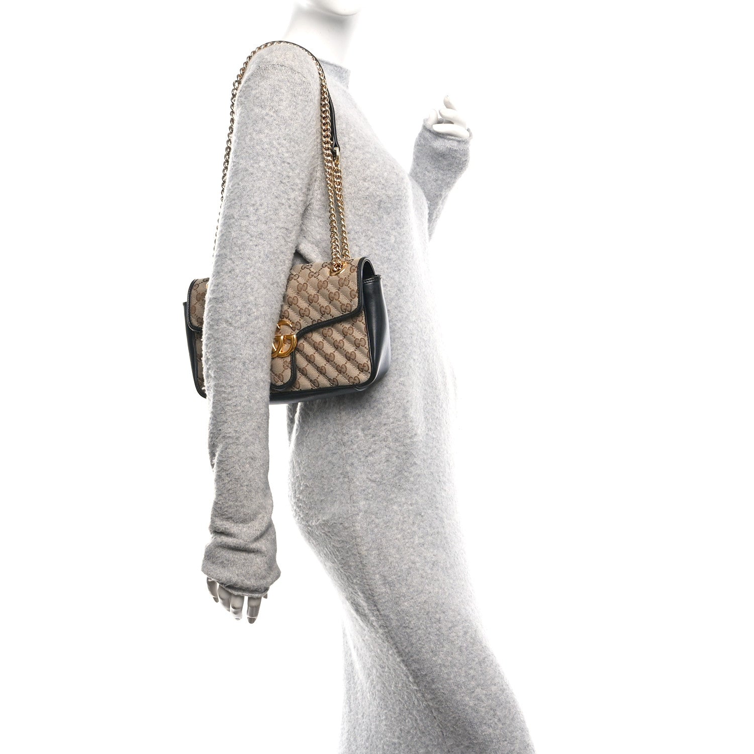 Gucci Monogram Matelasse Diagonal Small GG Marmont Shoulder Bag Beige Black 2 of 11