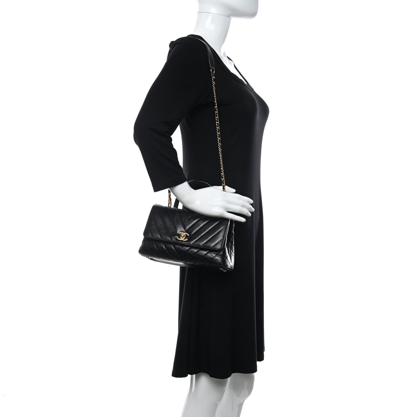 Aged Calfskin Chevron Quilted Mini Coco Handle Flap Black