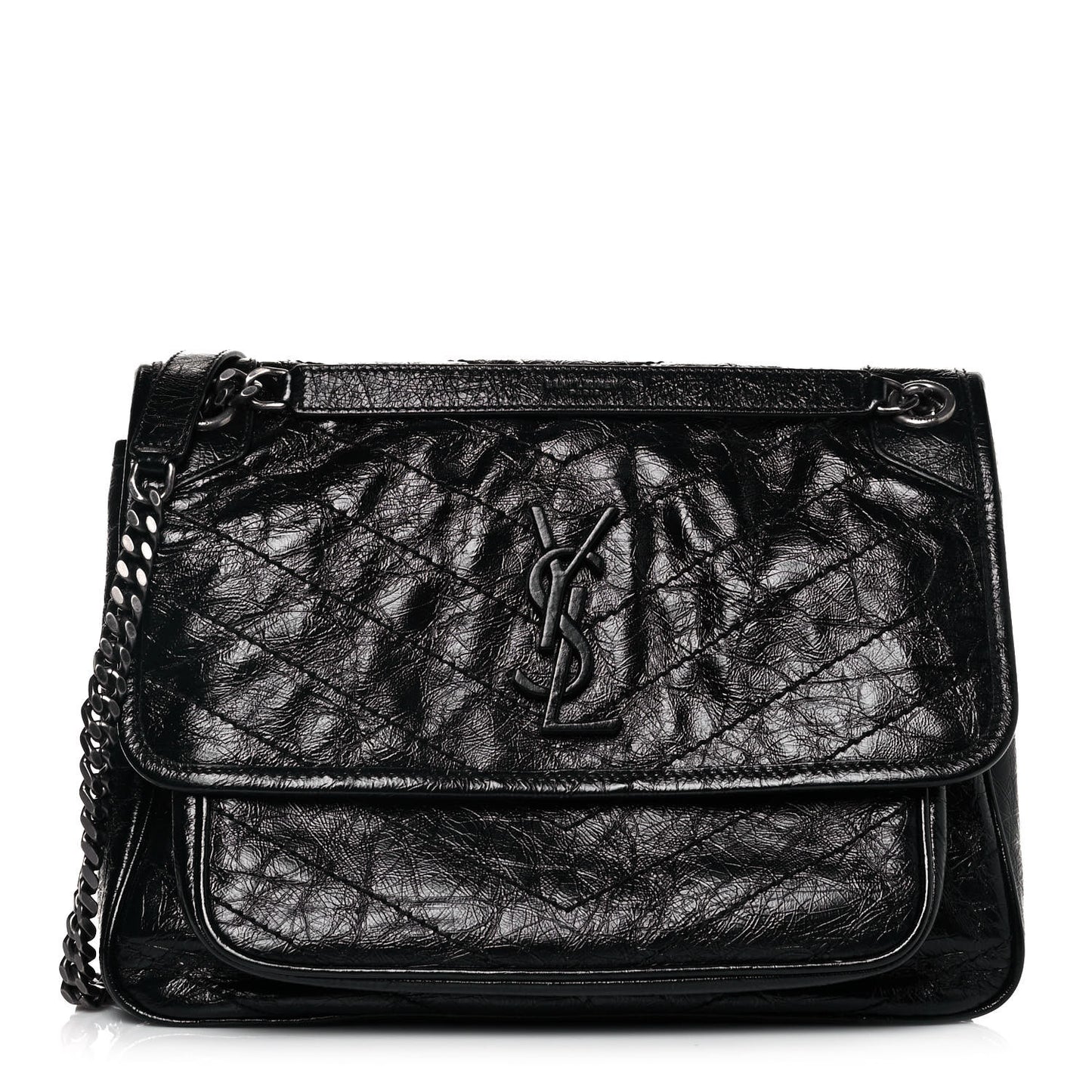 Crinkled Calfskin Matelasse Monogram Medium Niki Chain Satchel Black