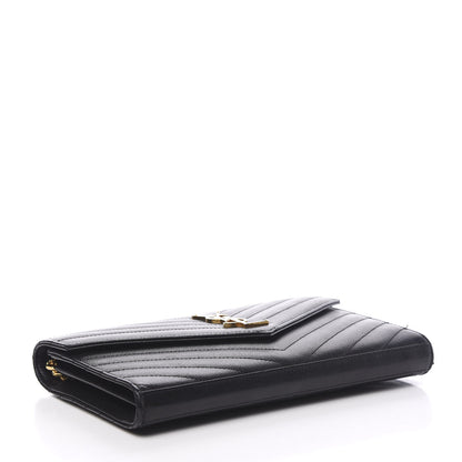 Saint Laurent Grain De Poudre Matelasse Chevron Monogram Chain Wallet Black 3 of 10