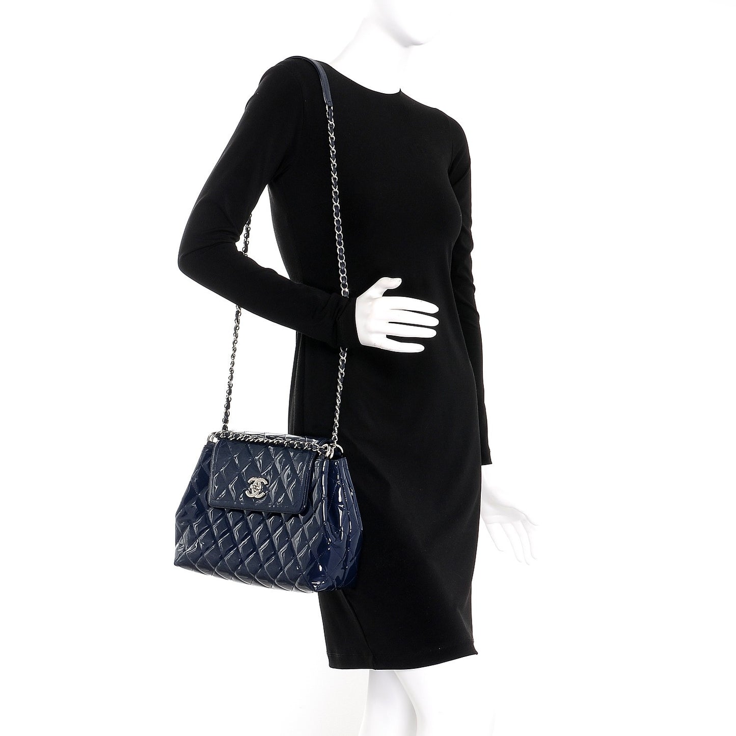 Patent Quilted Large Coco Shine Accordion Flap Dark Navy Blue