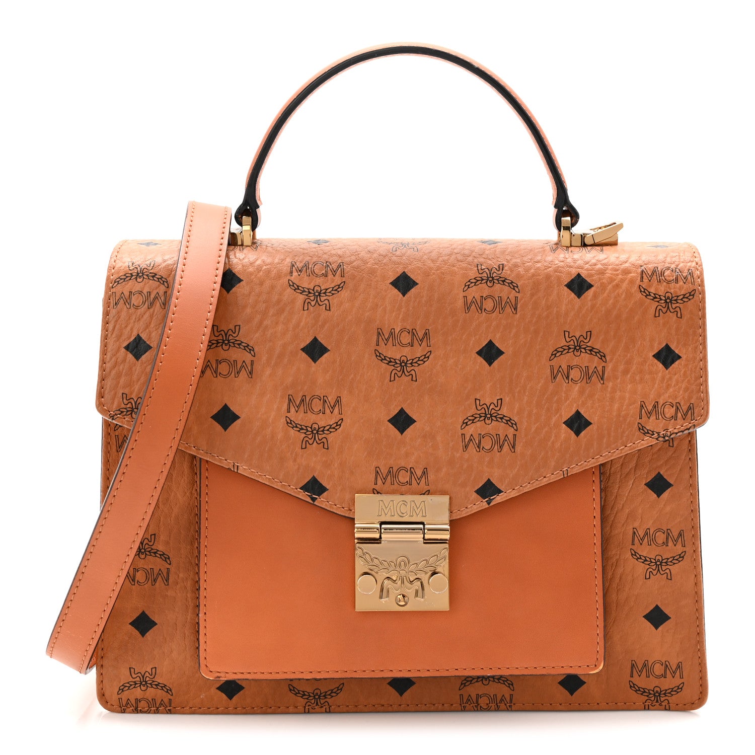 MCM Visetos Medium Patricia Pocket Satchel Cognac 1 of 9