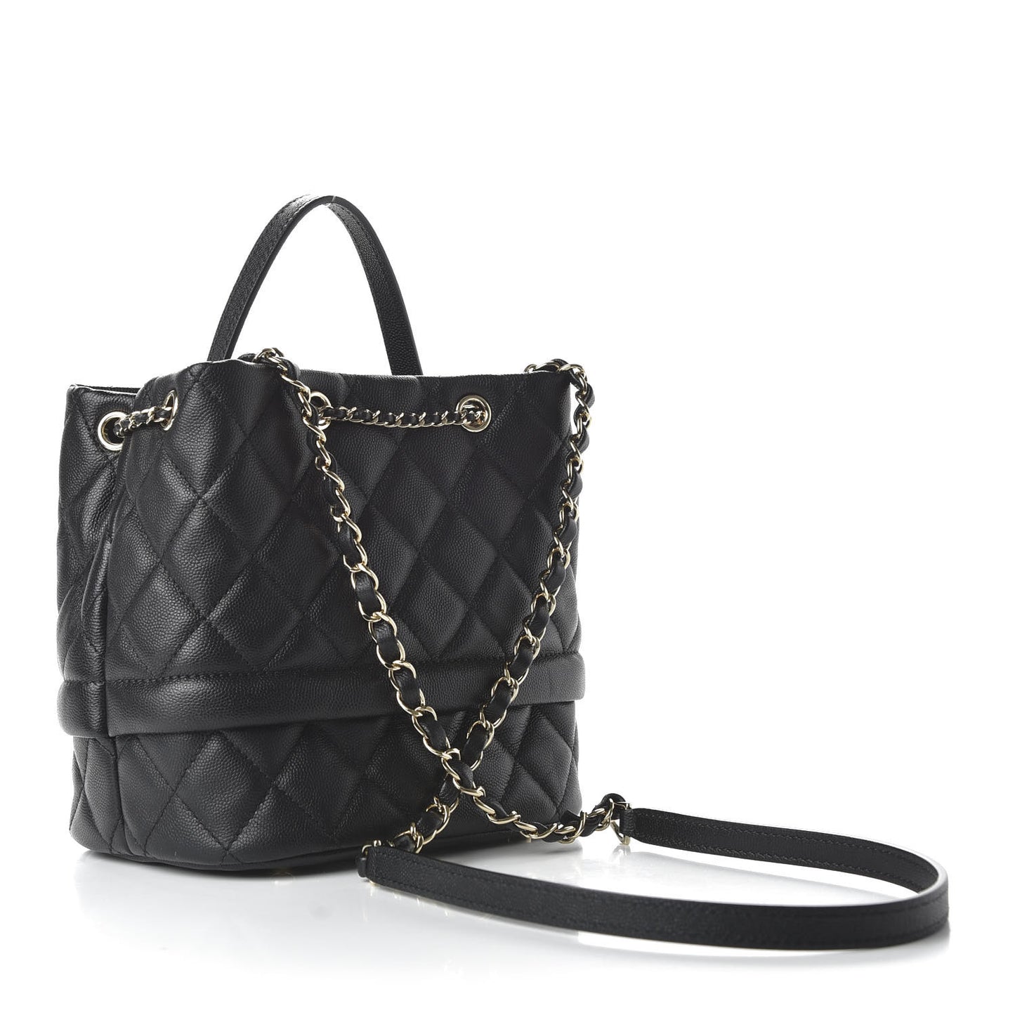 Caviar Quilted Rolled Up Bucket Drawstring Bag Black