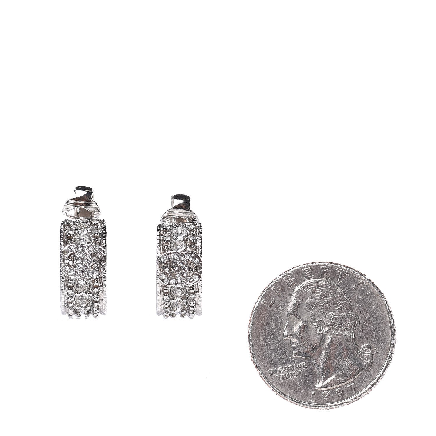 Chanel Crystal CC Hoop Clip On Earrings Silver 2 of 7