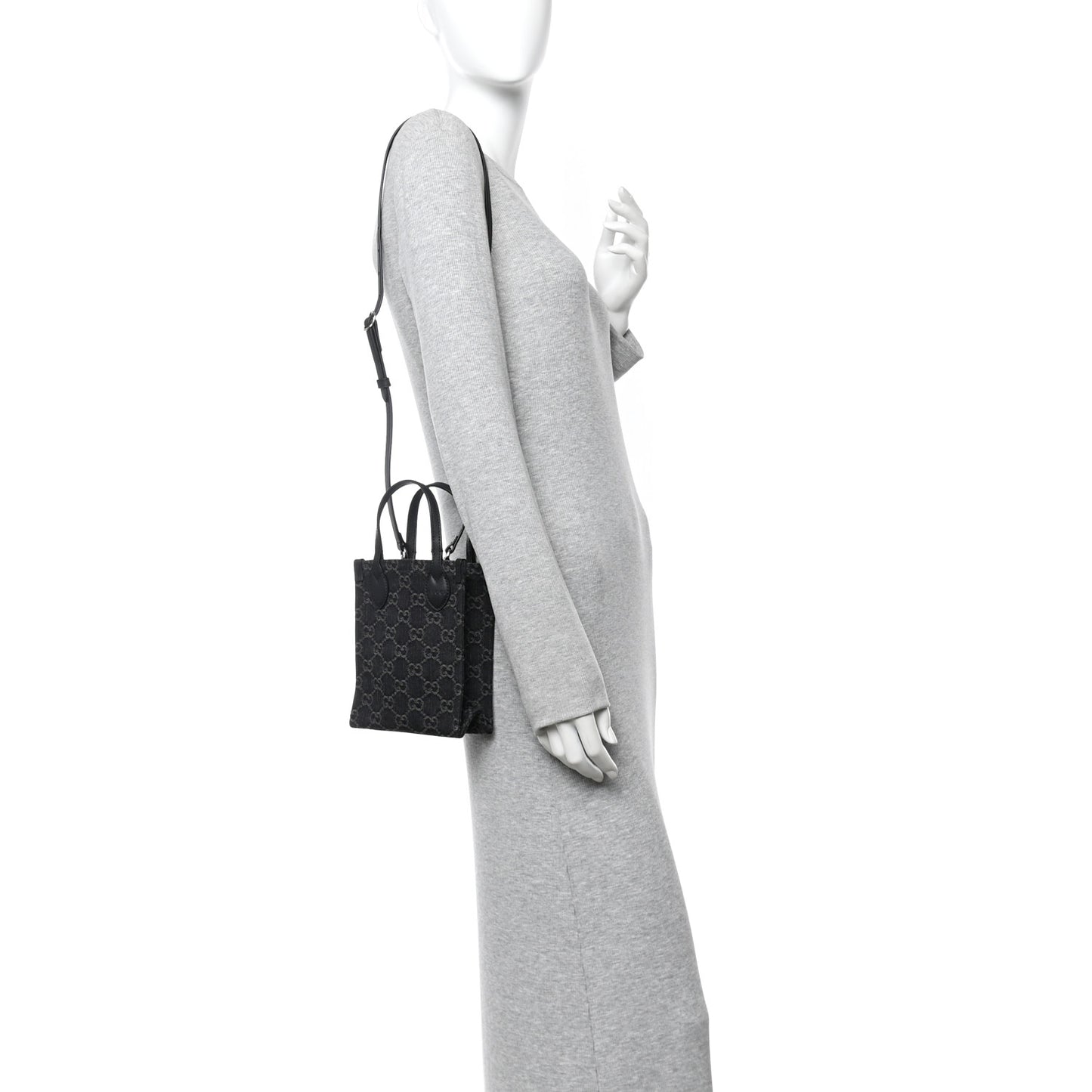 Denim Cuoio Harness GG Monogram Mini Ophidia Tote Bag Black Medium Grey