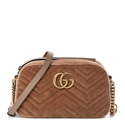 Gucci Velvet Matelasse Small GG Marmont Chain Shoulder Bag Taupe 1 of 10