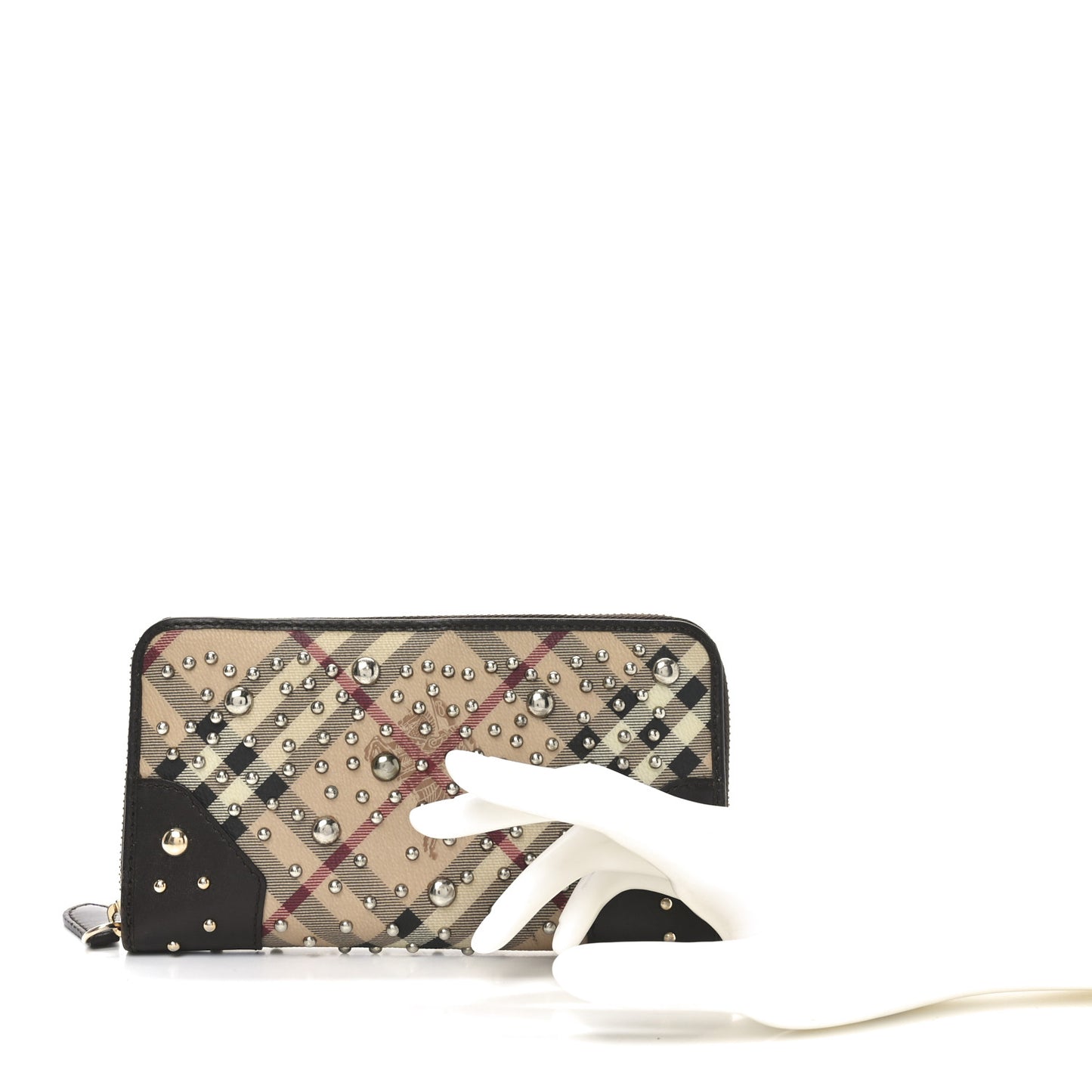 Studded Haymarket Check Large Zip Around Wallet Brown