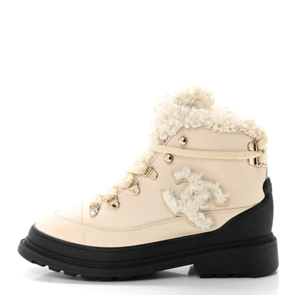 Chanel Calfskin Shearling CC Lace Up Boots 36.5 Light Beige Ivory 1 of 9