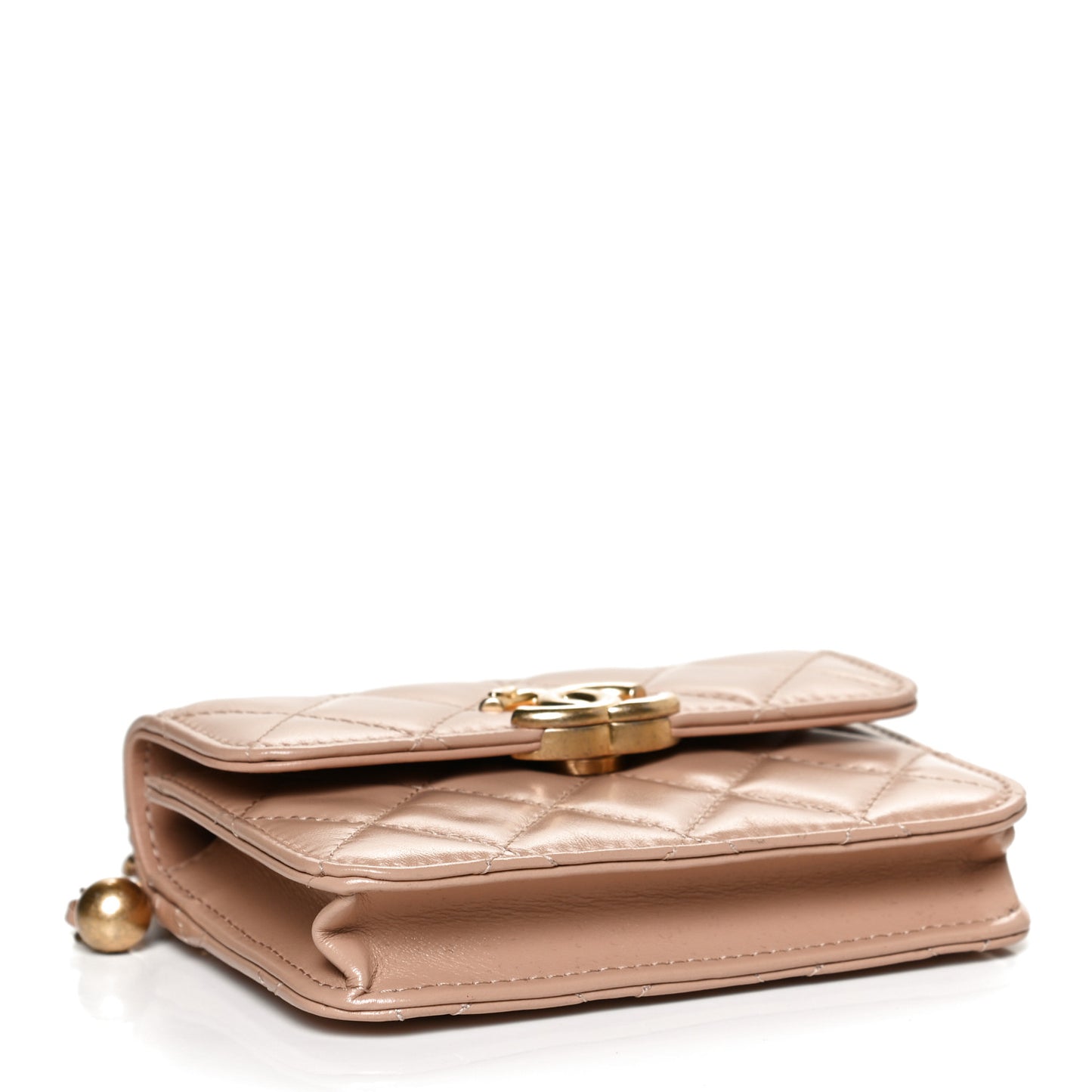 Calfskin Quilted Perfect Fit Coin Purse With Chain Beige