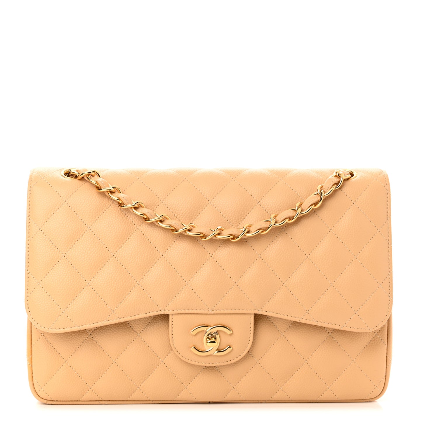 Caviar Quilted Jumbo Double Flap Beige