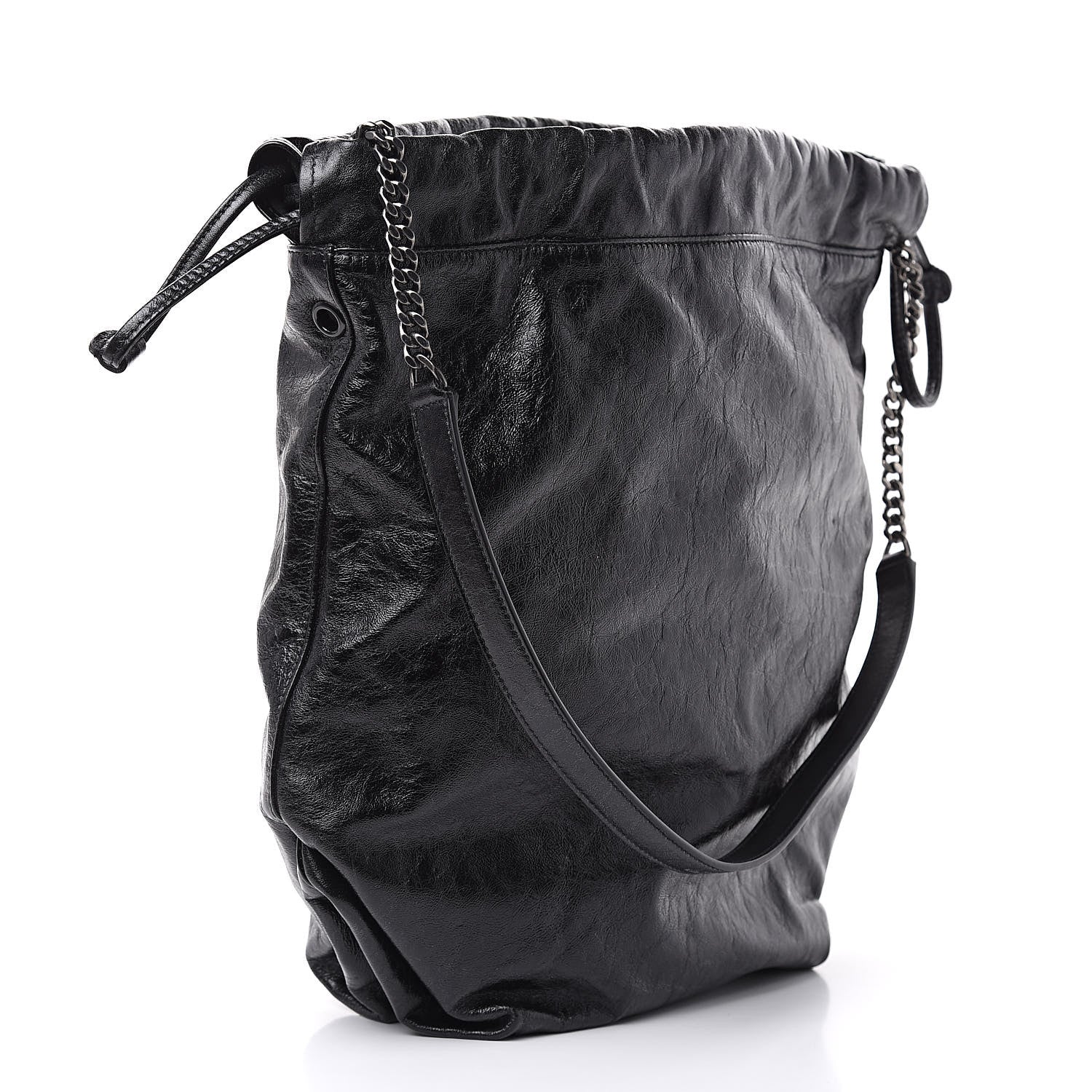 Saint Laurent Cracked Shiny Calfskin Teddy Drawstring Bag Black 3 of 9