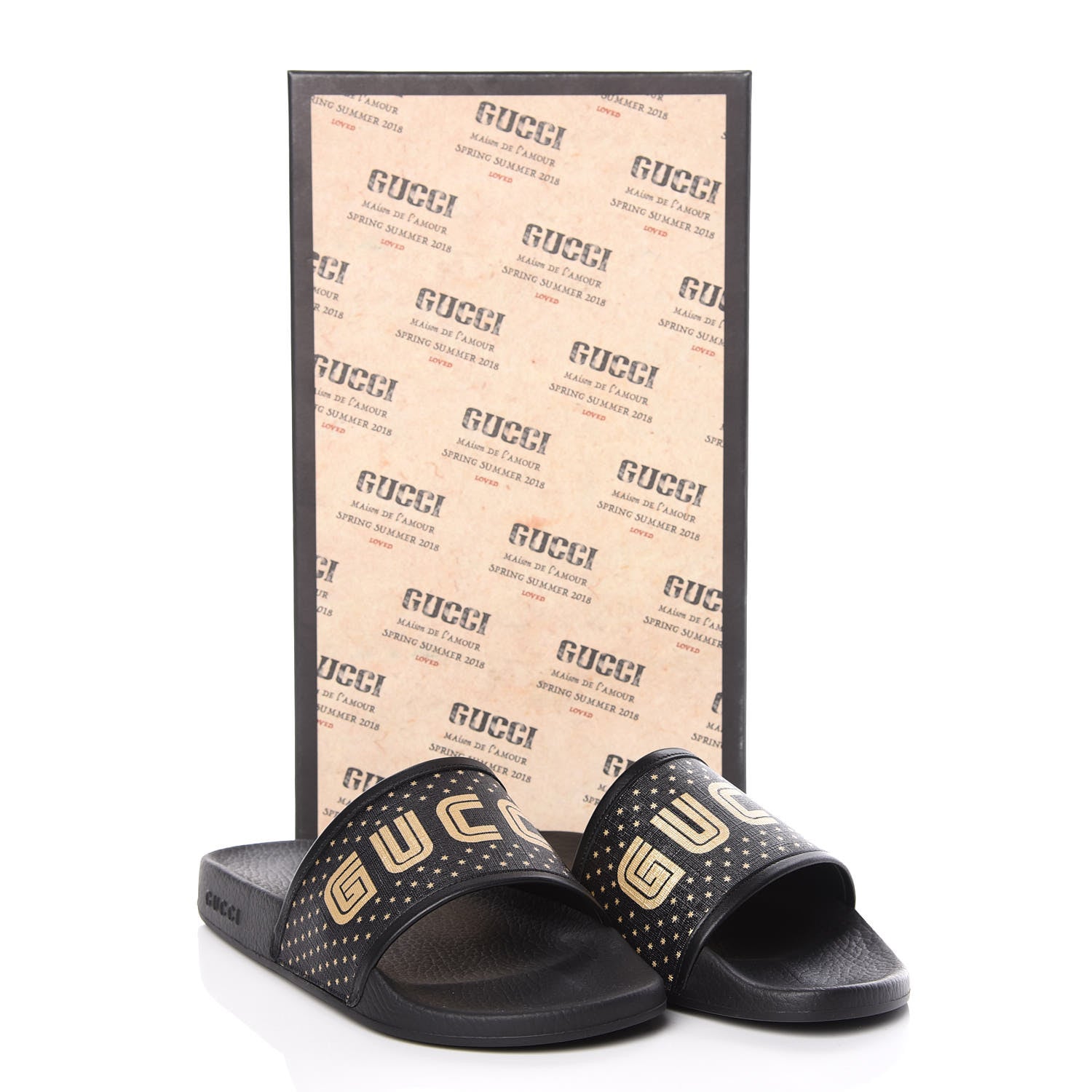 Gucci X SEGA Supreme Canvas GUCCY Stars Mens Slide Sandals 8 Black Gold 8 of 8