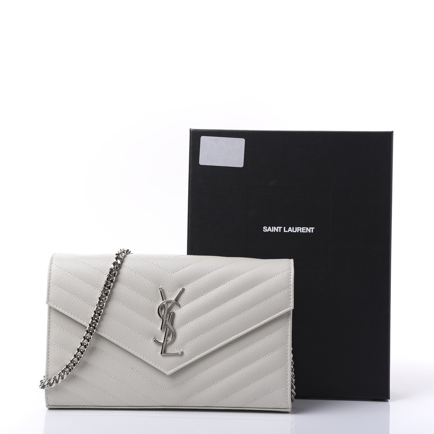 Saint Laurent Grain De Poudre Matelasse Chevron Monogram Chain Wallet Optical White 9 of 9