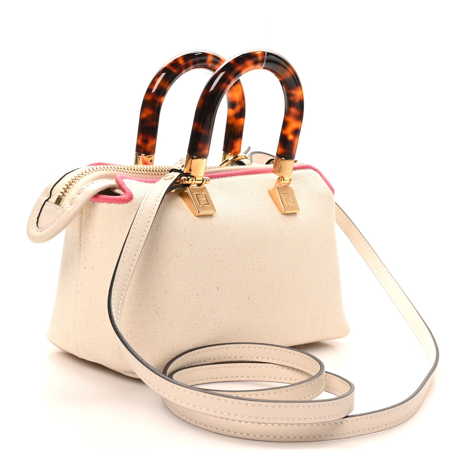 Fendi Canvas Vitello King Plexiglass Logo Embroidered Mini By The Way Top Handle Boston Bag Grezzo Pink Dalia 3 of 10