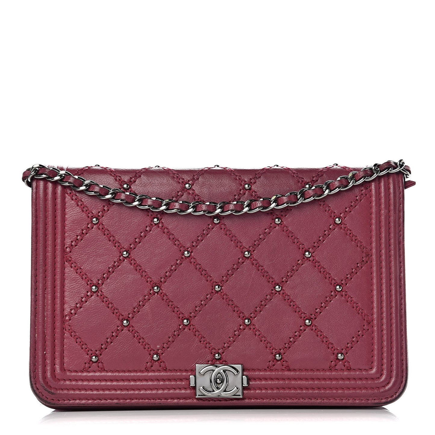 Calfskin Studded Quilted Boy Wallet On Chain WOC Dark Pink