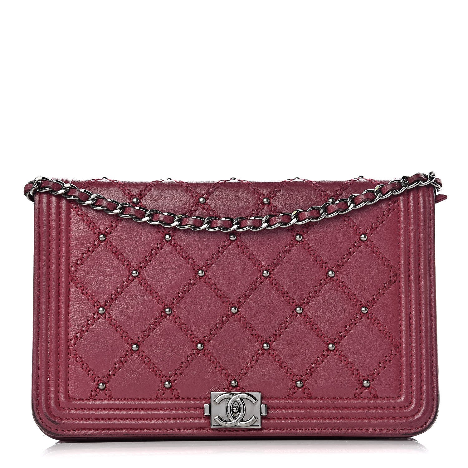 Chanel Calfskin Studded Quilted Boy Wallet On Chain WOC Dark Pink 1 of 22