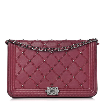 Chanel Calfskin Studded Quilted Boy Wallet On Chain WOC Dark Pink 1 of 22