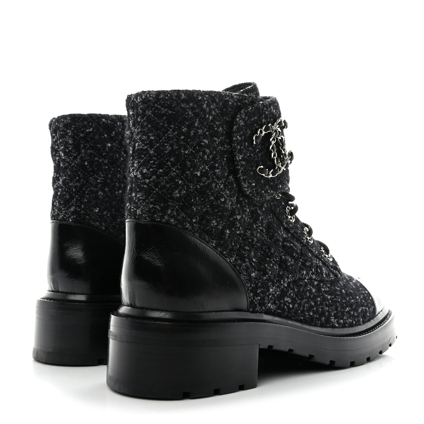 Tweed Lambskin Quilted Lace Up Combat Boots 41 Black Grey