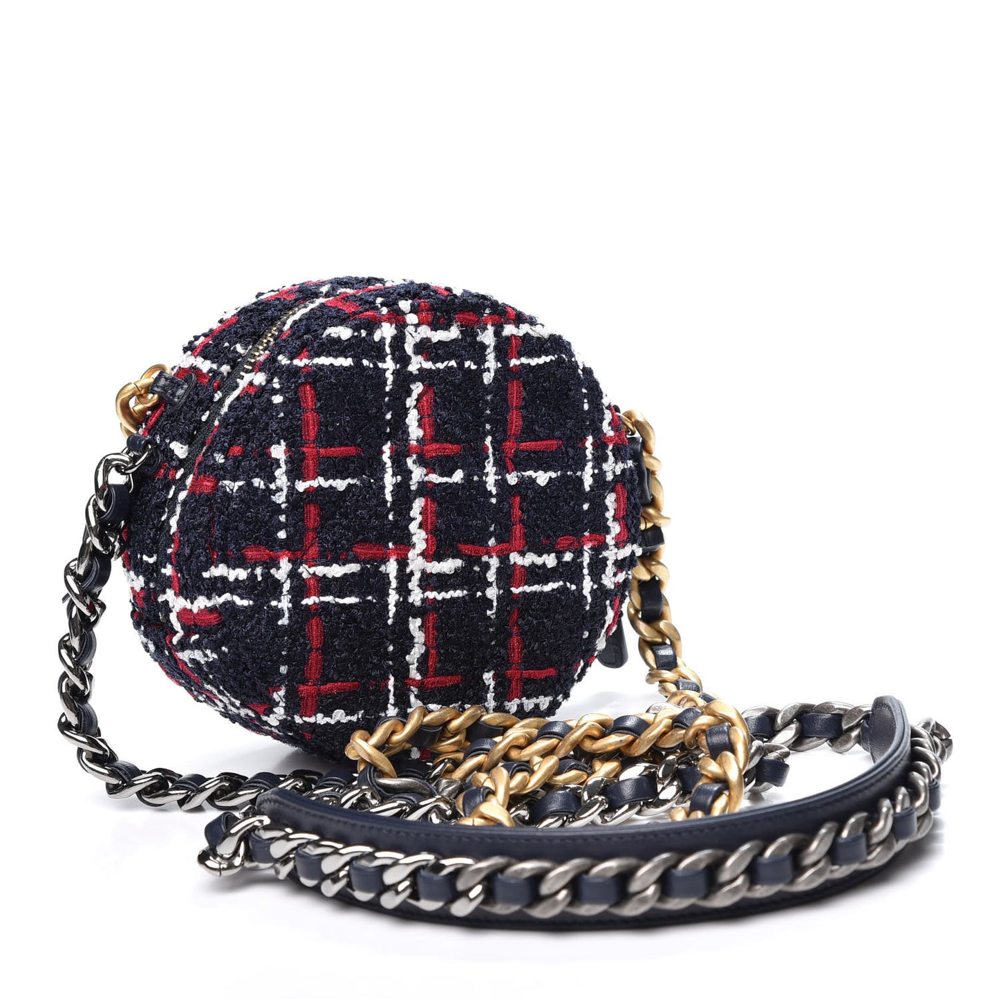 Tweed Quilted Chanel 19 Round Clutch With Chain Blue White Red