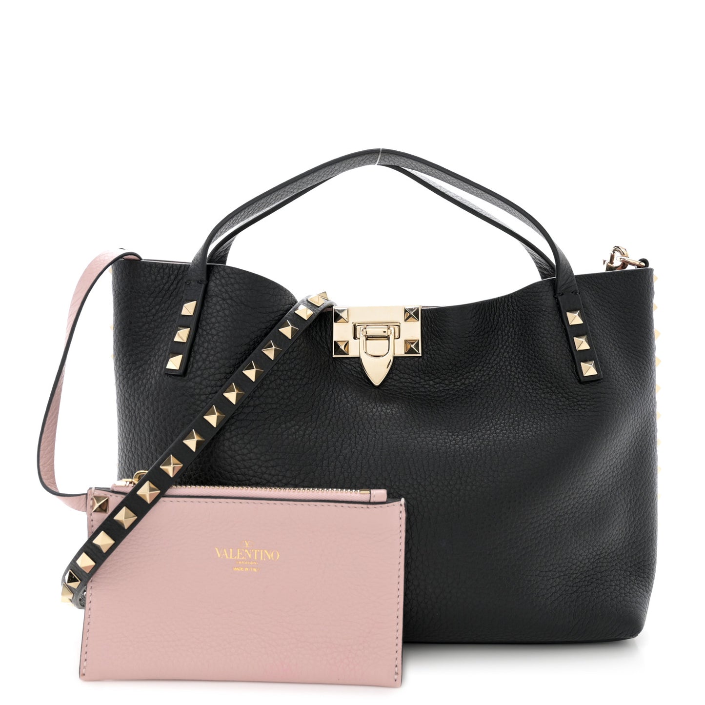 Grained Calfskin Small Rockstud Flip Lock Tote Black Rose Quartz