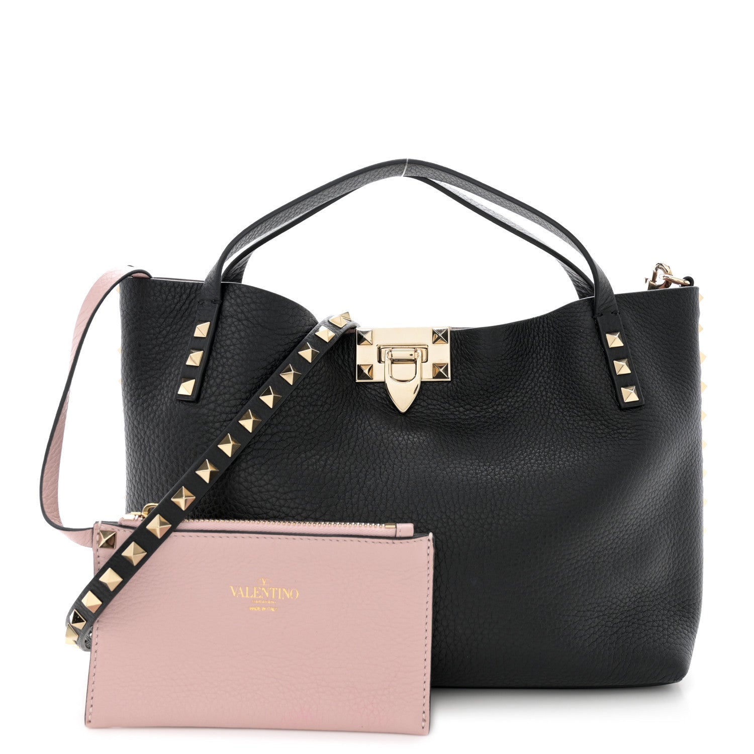 Valentino Garavani Grained Calfskin Small Rockstud Flip Lock Tote Black Rose Quartz 3 of 16