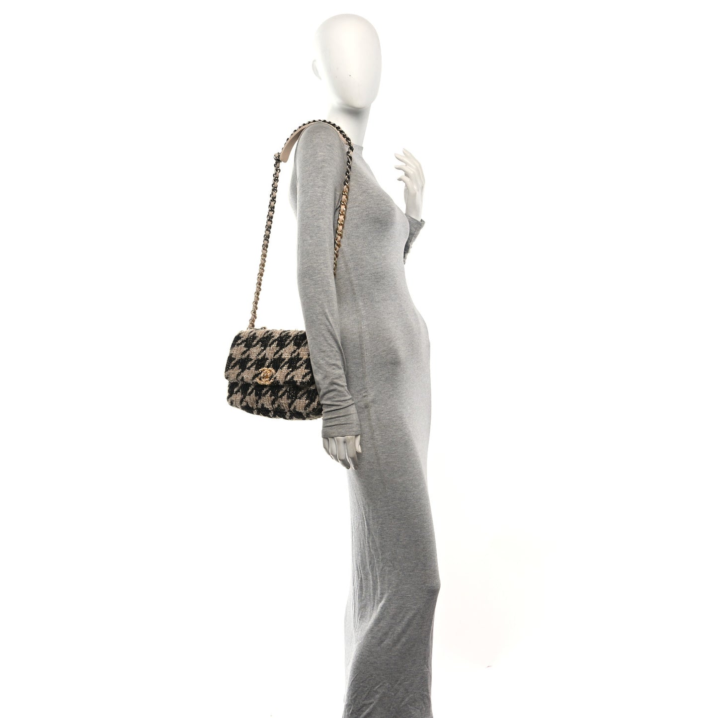 Tweed Houndstooth Quilted Medium Chanel 19 Flap Beige Black