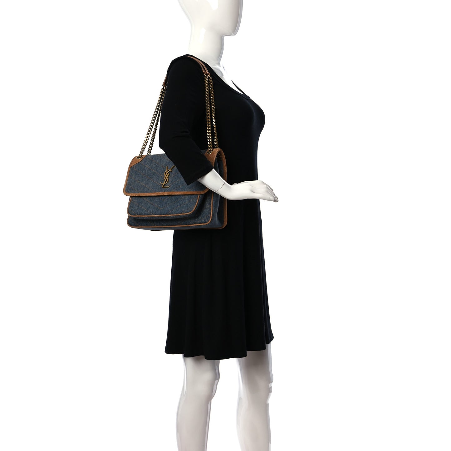 Denim Suede Monogram Medium Niki Chain Satchel Blue Cinnamon