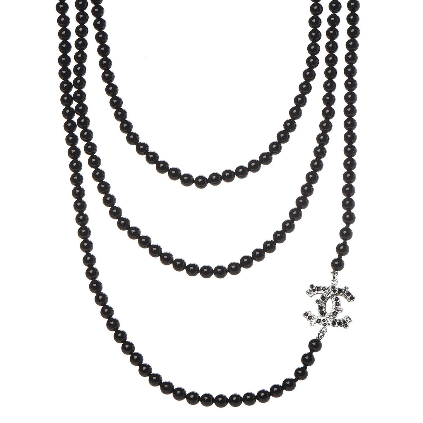 Baguette Crystal Beaded CC Long Necklace Black Silver
