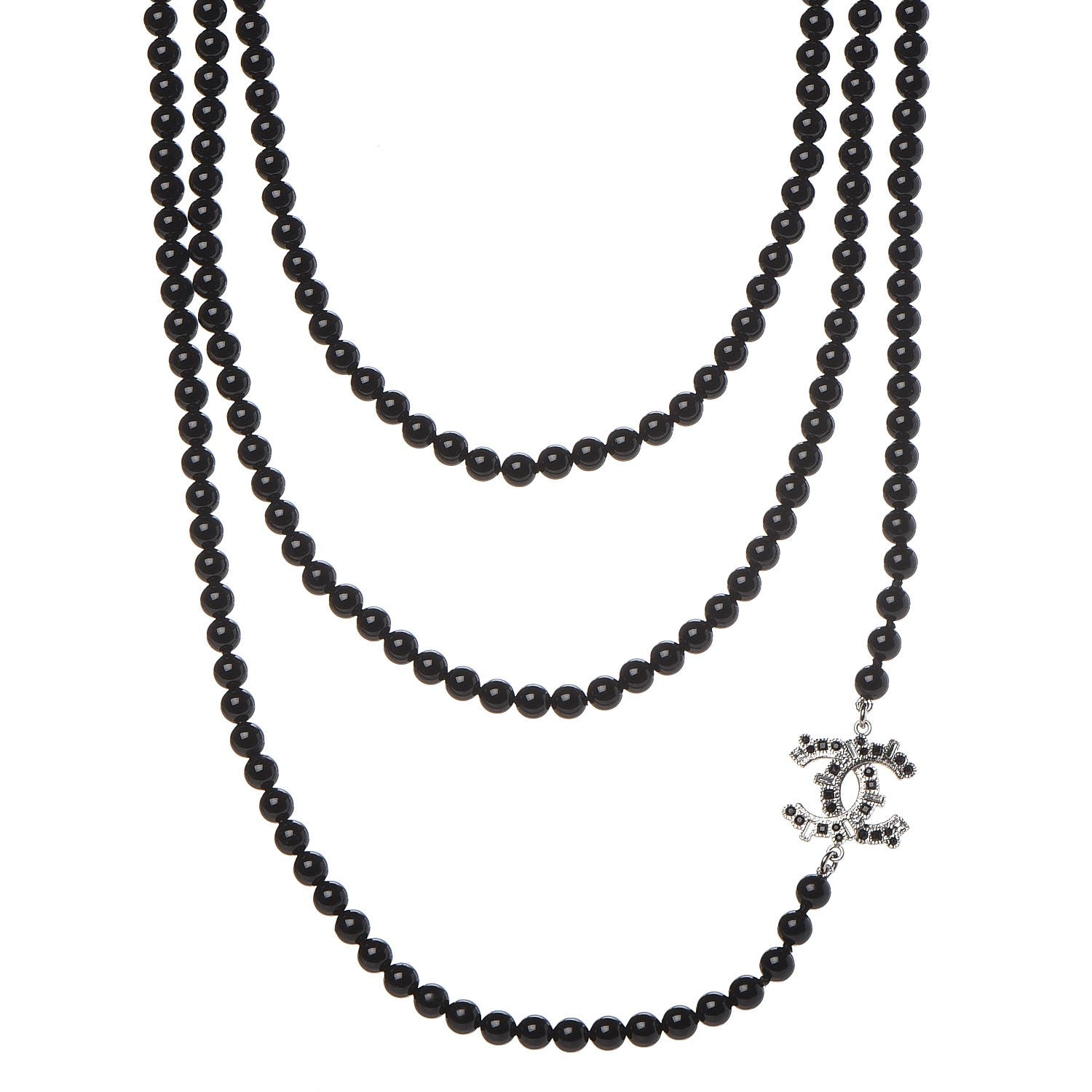Chanel Baguette Crystal Beaded CC Long Necklace Black Silver 1 of 7