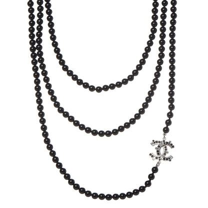Chanel Baguette Crystal Beaded CC Long Necklace Black Silver 1 of 7