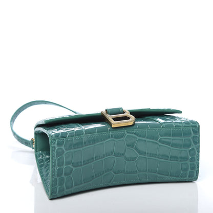 Balenciaga Shiny Calfskin Crocodile Embossed Hourglass Top Handle Bag XS Dark Turquoise 4 of 10