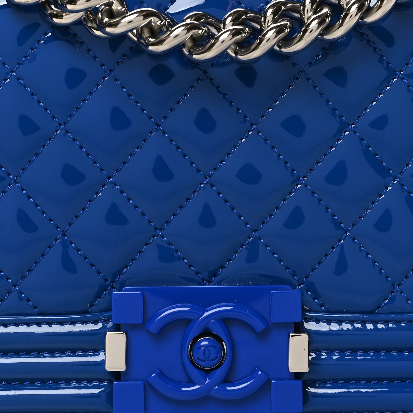 Patent Calfskin Quilted Medium Plexiglass Boy Flap Blue