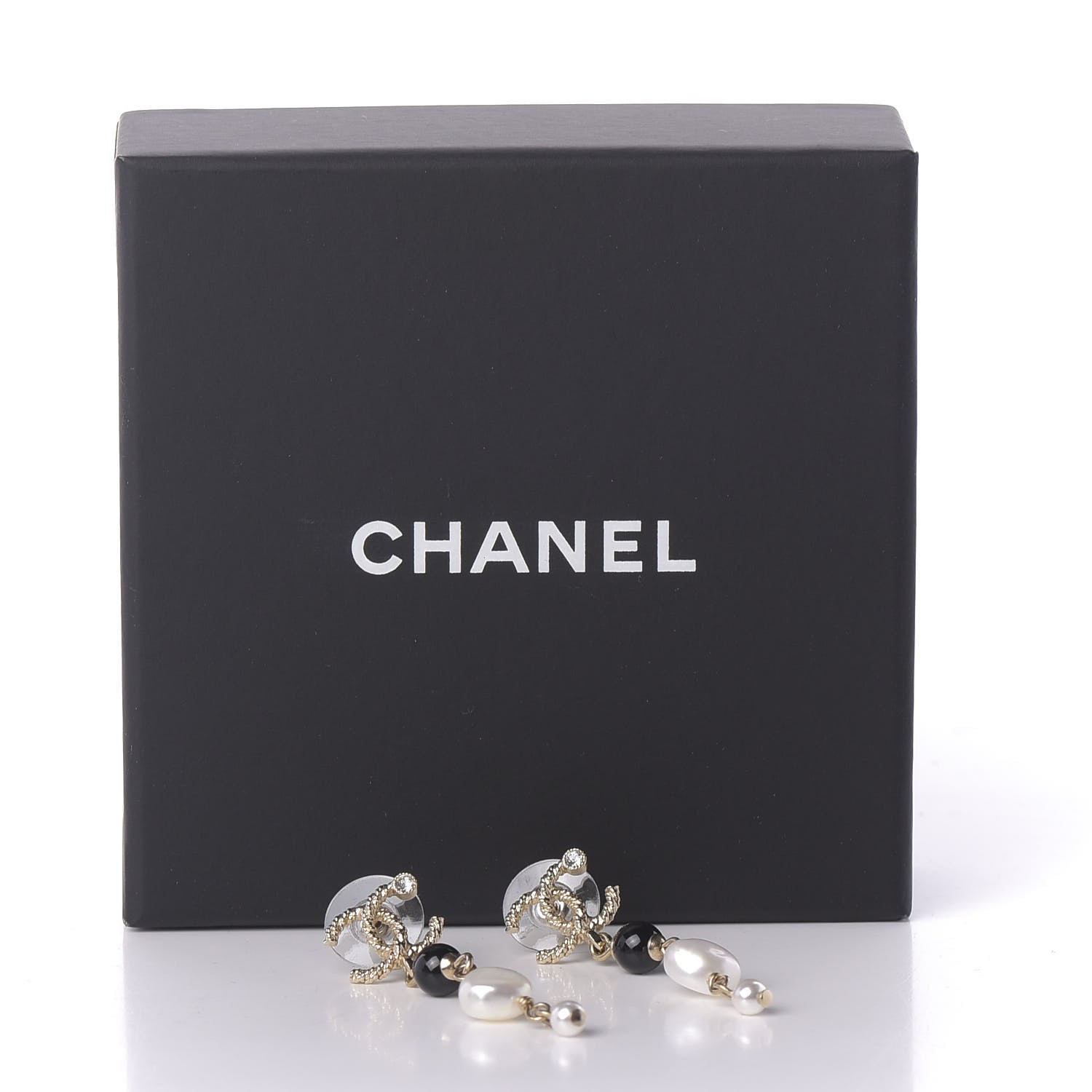 Chanel Pearl Bead Crystal CC Byzantine Drop Earrings Black Gold 5 of 5