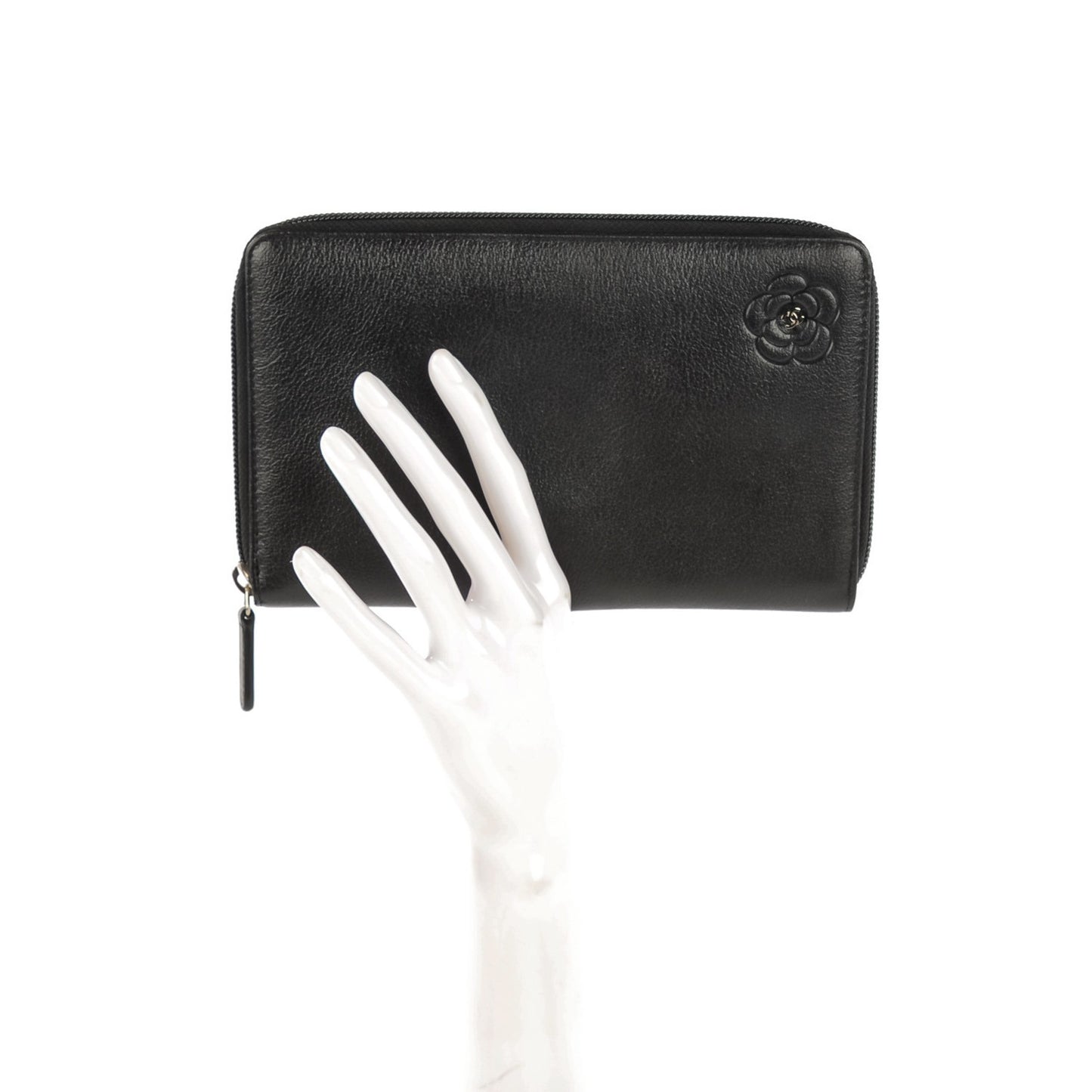 Goatskin Camellia Embossed Zip Around Organizer Wallet Black