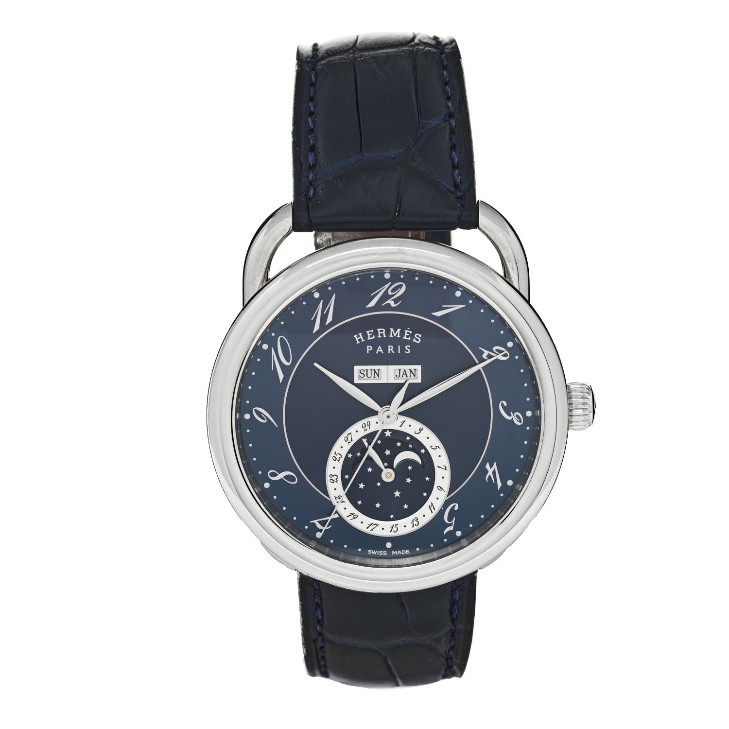 Hermes Stainless Steel Alligator 43mm Arceau Grande Lune Automatic Watch Bleu Abysse 1 of 5