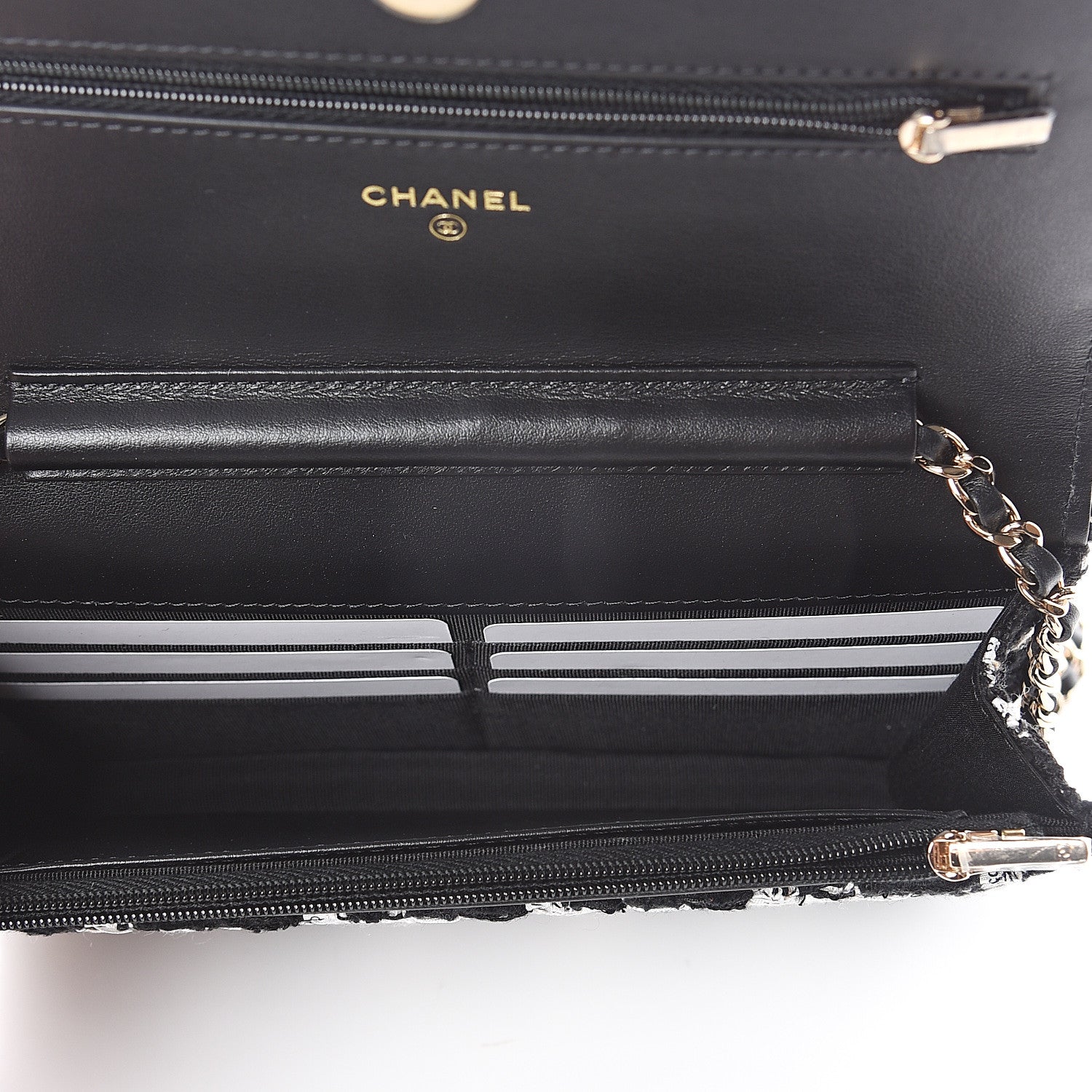 Chanel Tweed Quilted Wallet On Chain WOC Black Ecru White 4 of 9