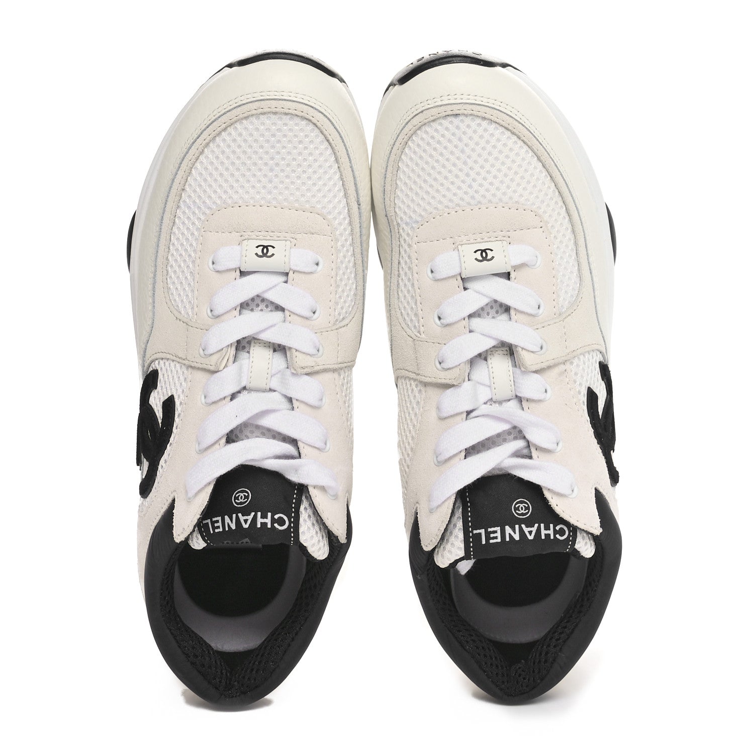 Chanel Mesh Suede Calfskin Grained Calfskin Womens CC Sneakers 38.5 White Black 2 of 9