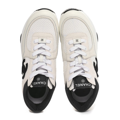 Chanel Mesh Suede Calfskin Grained Calfskin Womens CC Sneakers 38.5 White Black 2 of 9