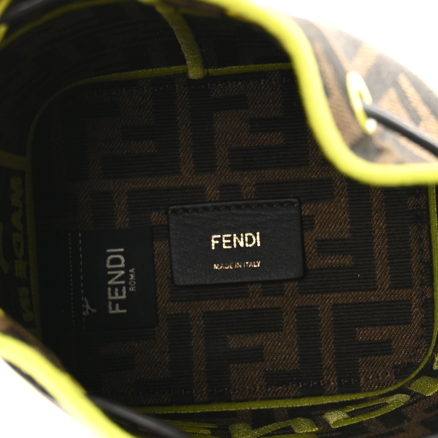 Fendi Fabric Jacquard Shiny Nappa FF 1974 Logo Threaded Edge Mini Mon Tresor Bucket Bag Tobacco Moro Giallo Fluo 4 of 9