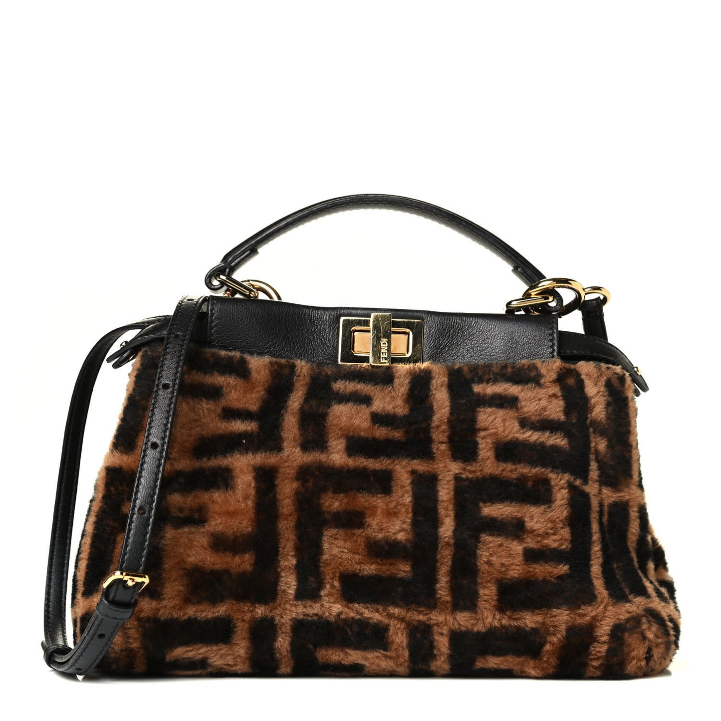 Shearling Nappa Macro FF 1974 Mini Peekaboo Iconic Satchel Tobacco Black