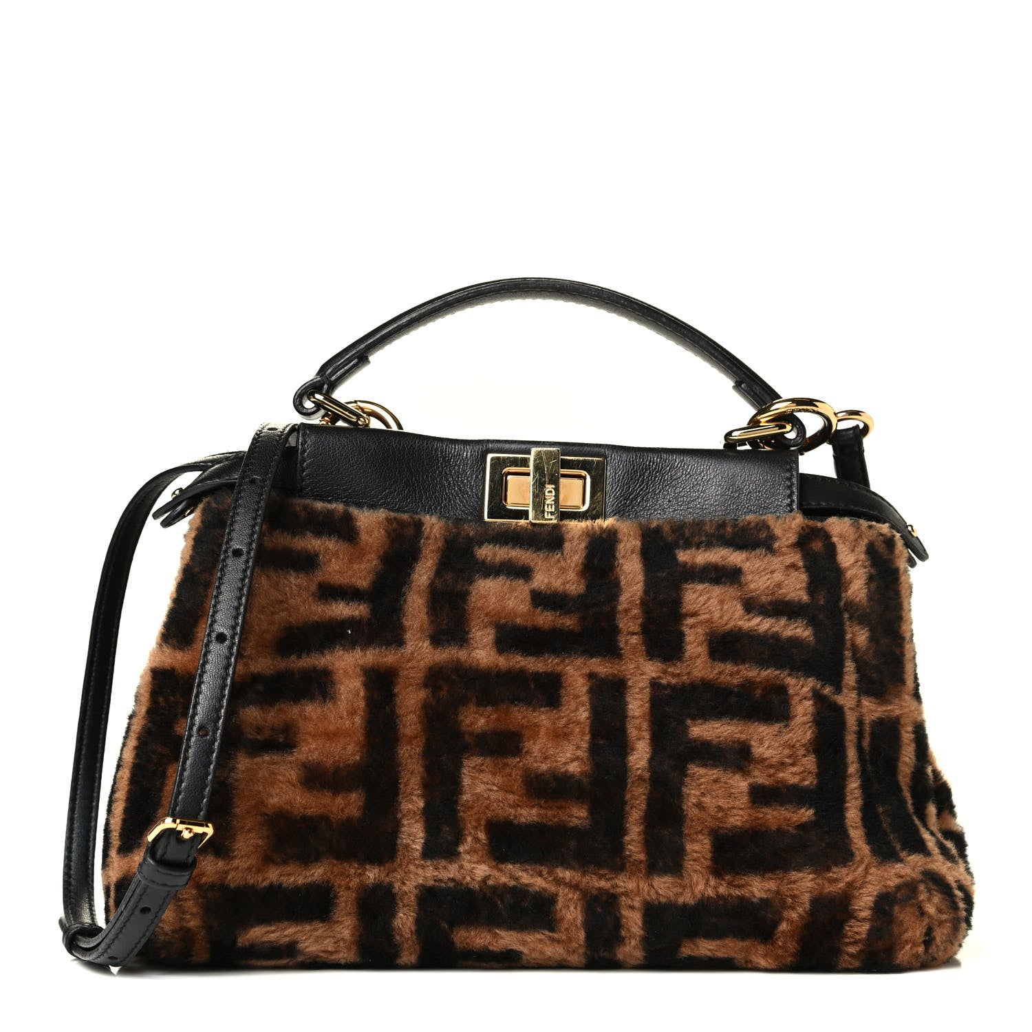Fendi Shearling Nappa Macro FF 1974 Mini Peekaboo Iconic Satchel Tobacco Black 1 of 7