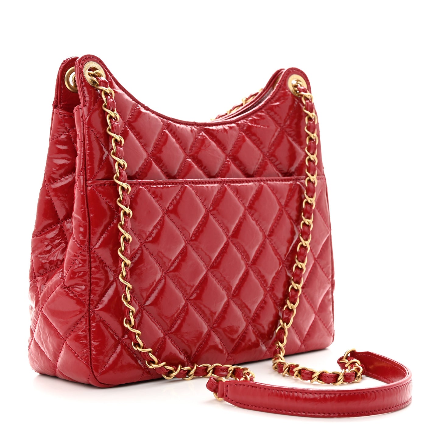 Shiny Crumpled Calfskin Quilted Wavy CC Hobo Red