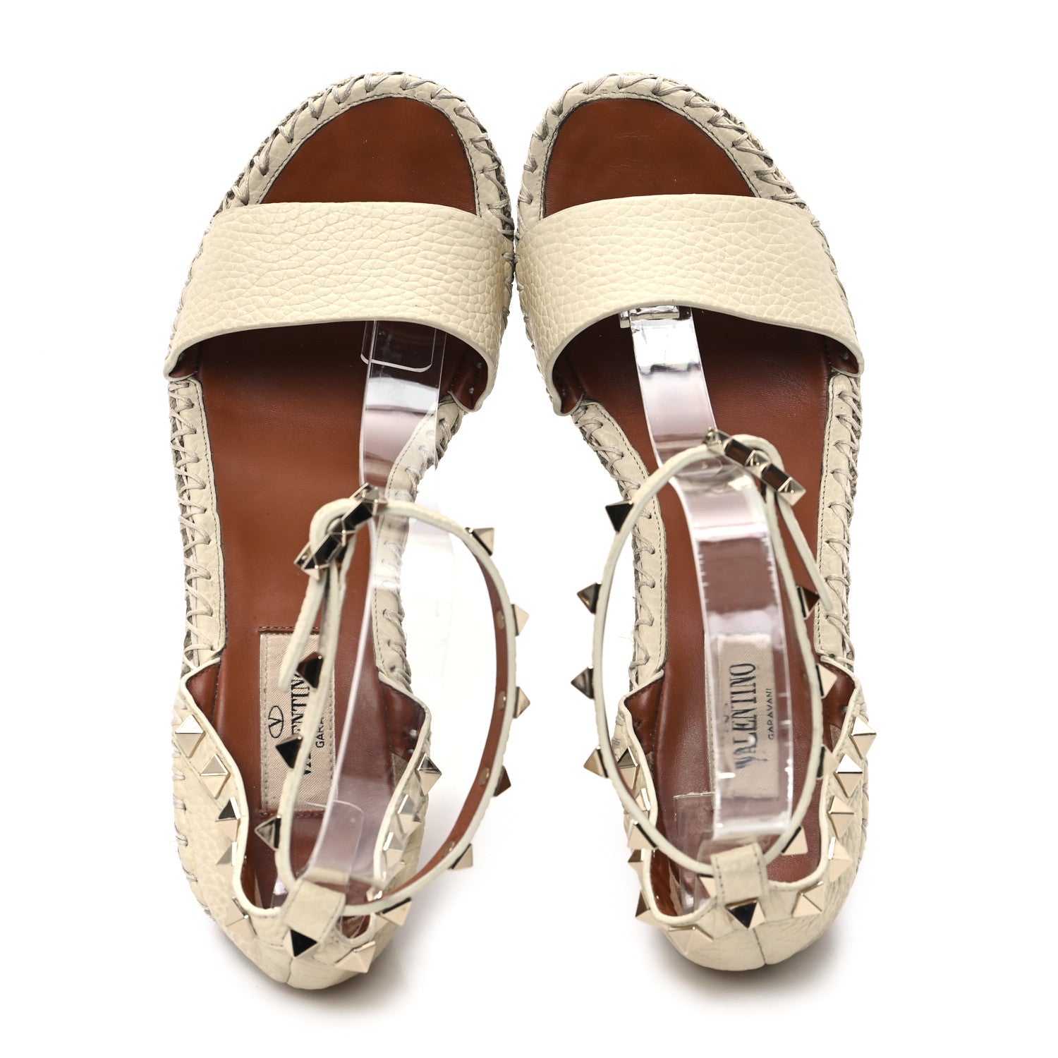 Valentino Garavani Grained Calfskin Rockstud Ankle Strap Espadrille Wedge Sandals 36 Light Ivory 2 of 10
