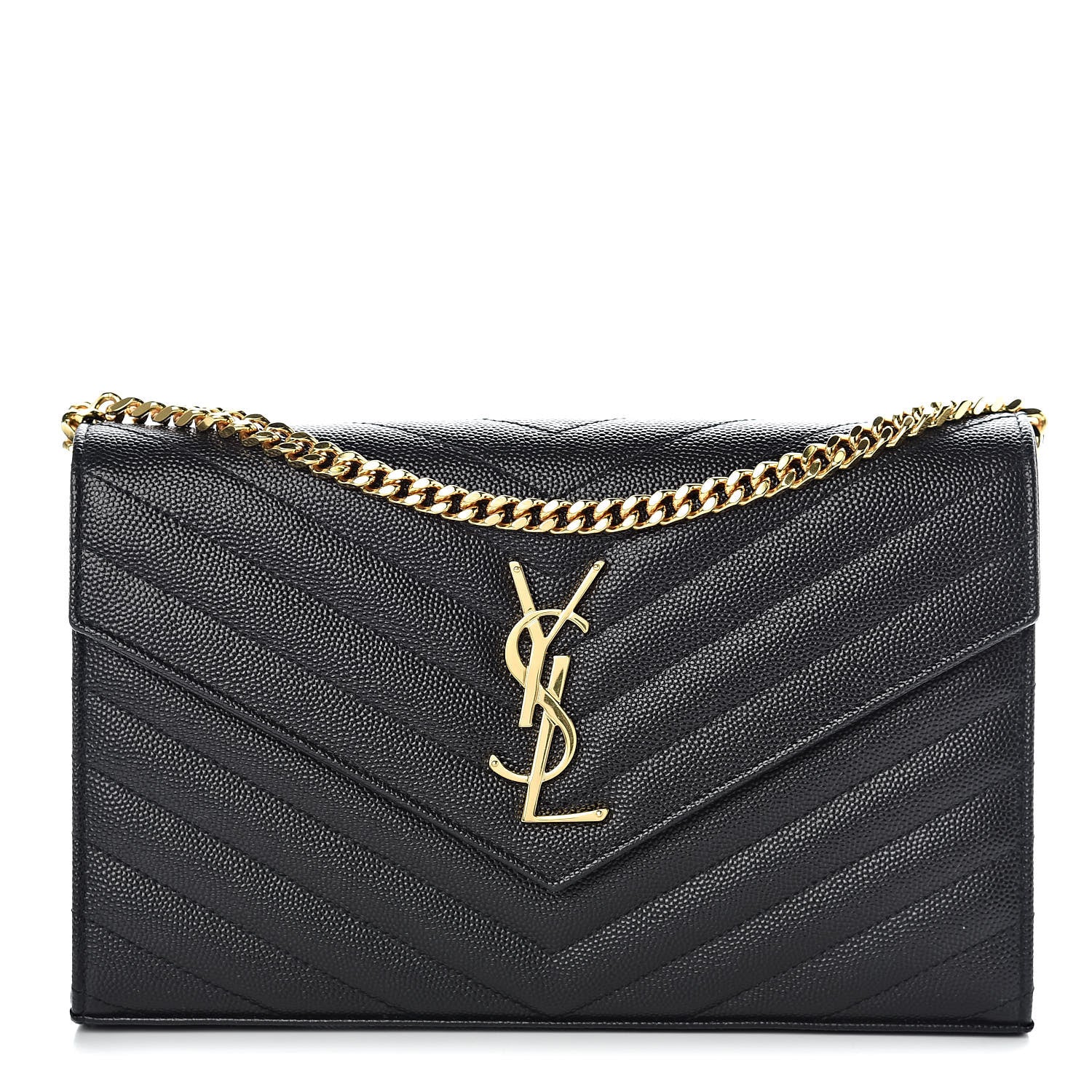 Saint Laurent Grain De Poudre Matelasse Chevron Monogram Chain Wallet Black 1 of 9