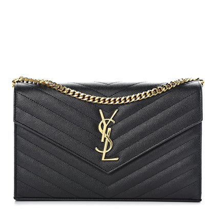 Saint Laurent Grain De Poudre Matelasse Chevron Monogram Chain Wallet Black 1 of 9