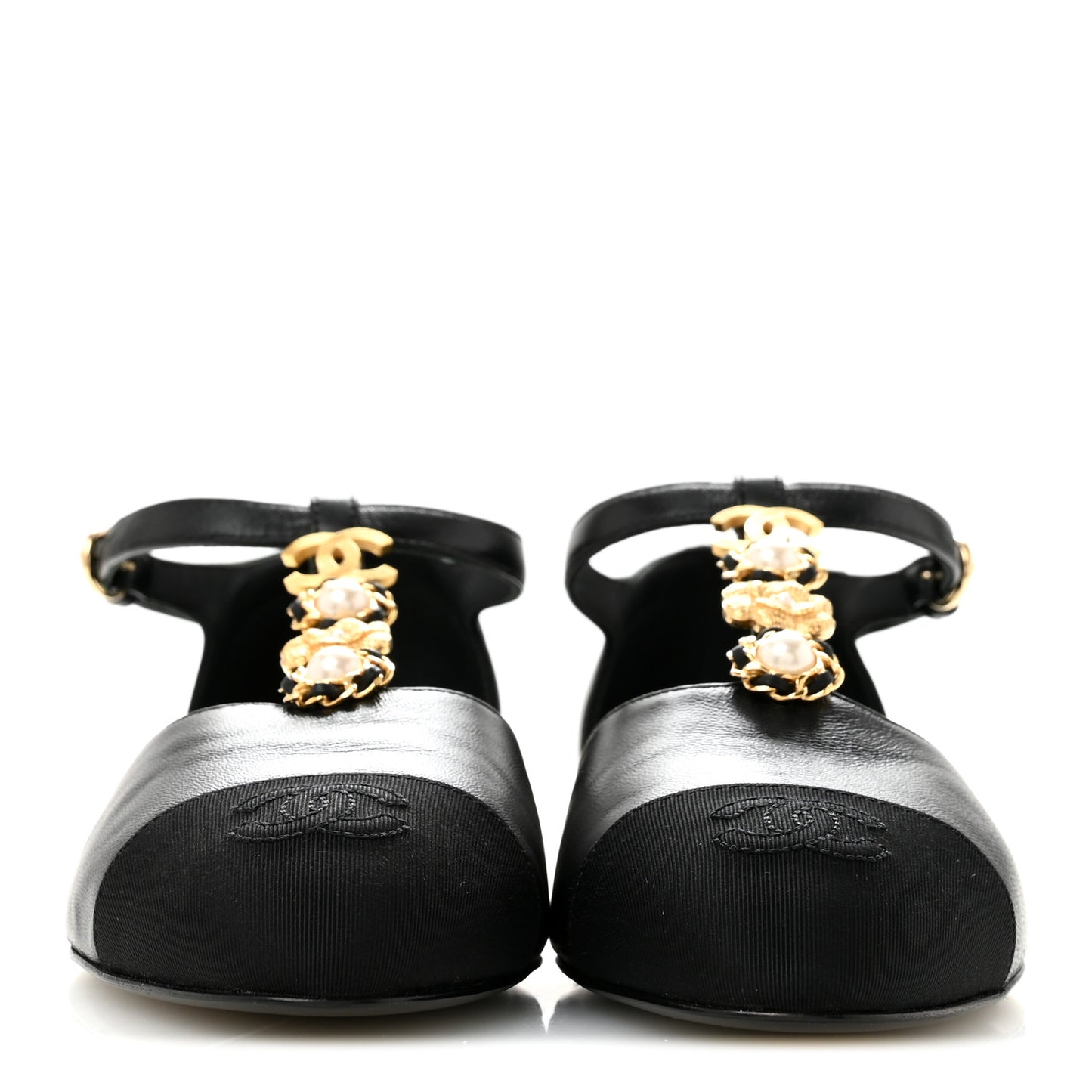 Lambskin Grosgrain Cap Toe Pearl CC Mary Jane Flats 36 Black