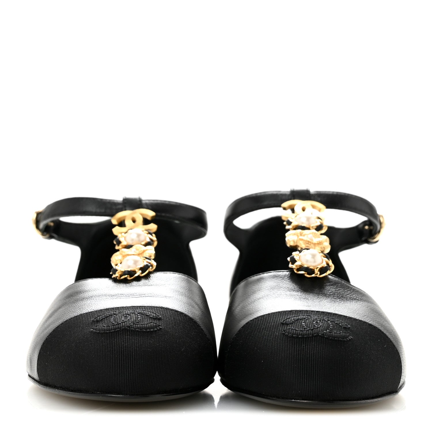 Chanel Lambskin Grosgrain Cap Toe Pearl CC Mary Jane Flats 36 Black 3 of 10
